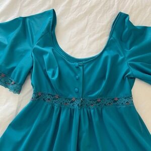 Vtg  Gossard Artemis Sz S Teal Antron Nylon Nightgown Babydoll Lace Inset 60's